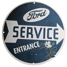 Ford Service Entrance Porcelain Sign with Vintage Felix the Cat Design