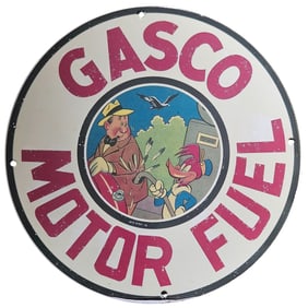 Vintage Gasco Motor Fuel Porcelain Sign - Charming Collectible with Cartoon Characters