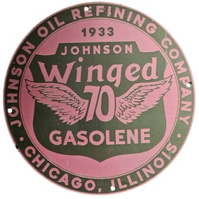 Rare 1933 Johnson Oil Refining Winged 70 Gasolene Porcelain Sign - Vintage Collectible