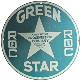 Vintage 1935 Green Star Porcelain Sign - Roosevelt Oil Company - Collectible Memorabilia