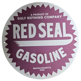 Vintage 1930 Gulf Red Seal Gasoline Porcelain Sign ? Classic Collectible for Enthusiasts