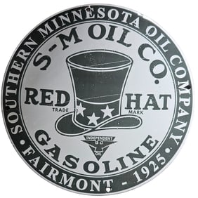 Rare Porcelain Sign: S-M Oil Co. Red Hat Gasoline - Vintage 1925 Collectible