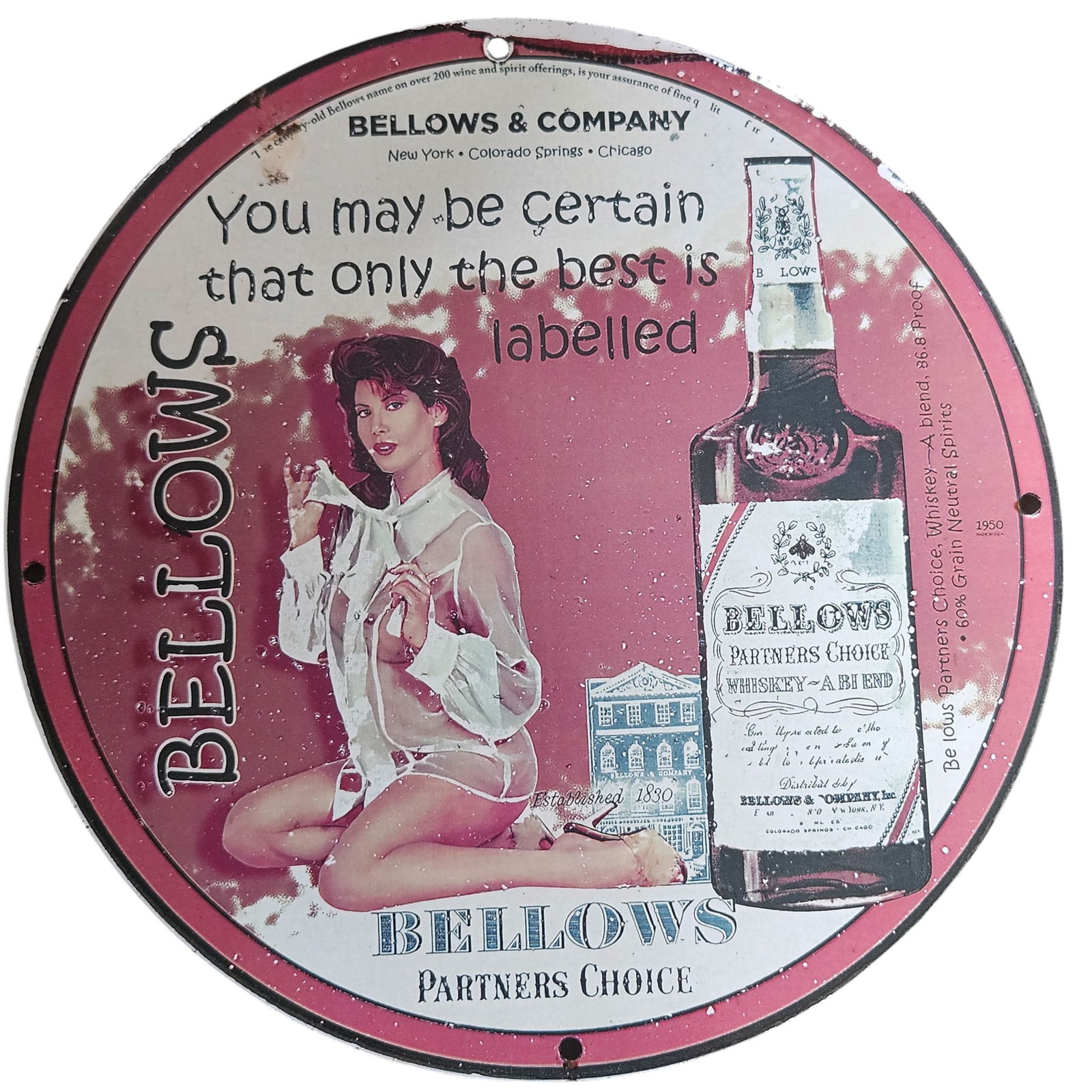 Vintage Bellows & Company Porcelain Sign - Partners Choice Whiskey - 1950s Advertising Art: This exquisite porcelain sign represents a unique piece of advertising history from the mid-20th century, specifically the 1950s. The vibrant design centers around the renowned Bellows & Company, an e