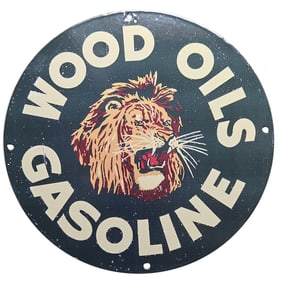 Vintage Porcelain Sign: Wood Oils Gasoline with Majestic Lion Design