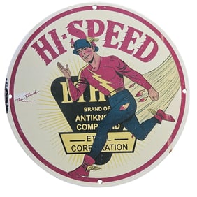 Vintage Porcelain Sign: HI-SPEED Brand Featuring The Flash ? Collector's Item