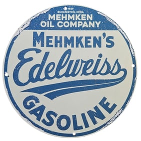 Rare 1929 Mehmken's Edelweiss Gasoline Porcelain Sign - Burlington, Iowa Vintage Collectible