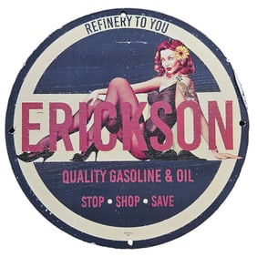 Vintage Erickson Gasoline & Oil Porcelain Sign - Retro Petro Advertising Art