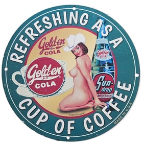 Vintage 1960 Golden Cola Porcelain Sign - Refreshing as a Cup of Coffee