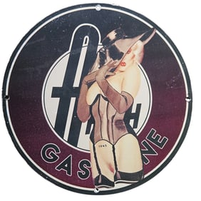 Vintage 1945 Porcelain Gasoline Sign with Pin-Up Art - Unique Collectible Memorabilia