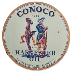 Vintage 1929 Conoco Harvester Oil Porcelain Sign - Rare Collector's Item