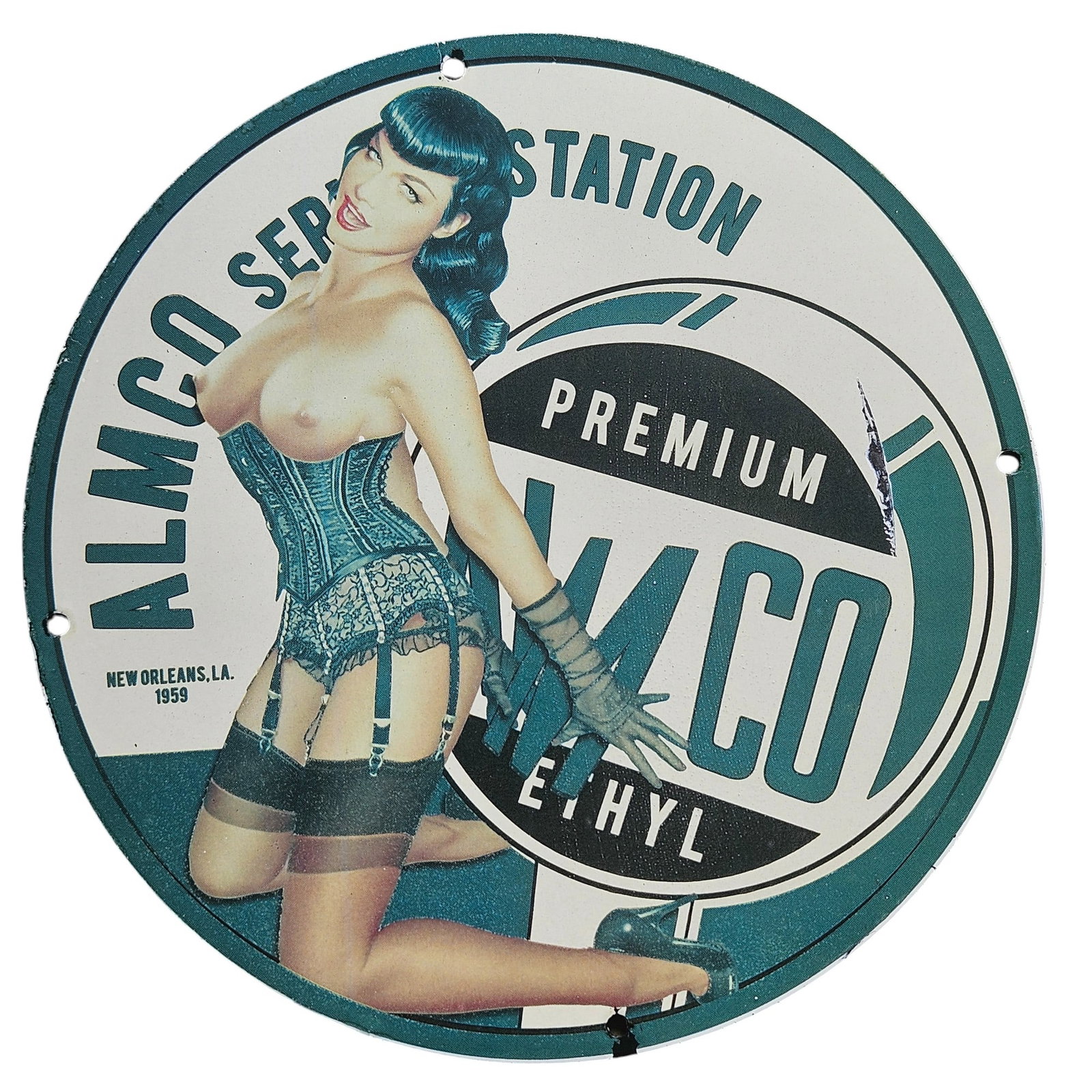 Vintage 1959 ALMCO Service Station Porcelain Sign with Pin-Up Artwork: This stunning porcelain sign from ALMCO, dating back to 1959, embodies the perfect blend of automotive history and retro charm. Measuring approximately 12 inches in diameter, this circular sign is an 