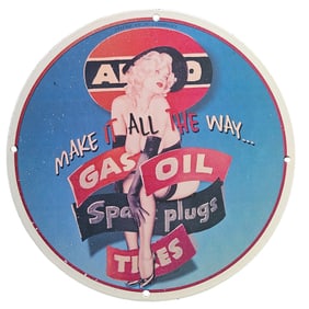 Vintage Porcelain Sign: Advertising Gas, Oil, Tires & Spark Plugs - Classic Style!