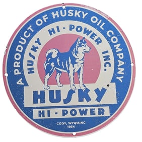 Vintage Husky Hi-Power Porcelain Sign - Rare Collectible from Husky Oil Company (1954)