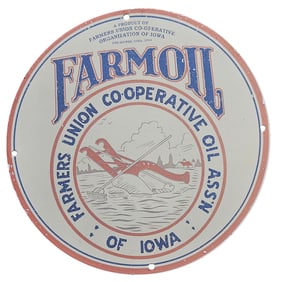 Vintage 1944 FARMOIL Porcelain Sign from Farmers Union Co-Operative Oil Assn of Iowa