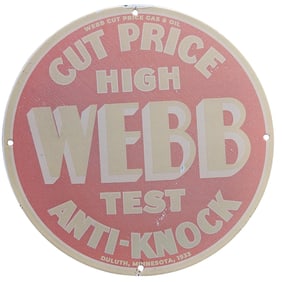 Vintage 1933 Webb Cut Price Gas & Oil Porcelain Sign - High Test Anti-Knock Collectible
