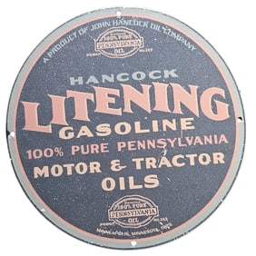 Vintage Hancock Litening Gasoline Porcelain Sign - Pure Pennsylvania Motor & Tractor Oils