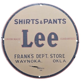 Rare 1948 Lee Union-Made Porcelain Sign from Frank's Dept. Store in Waynoka, OK