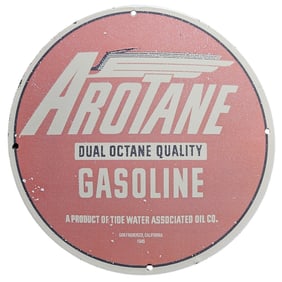 Arotane Dual Octane Quality Gasoline Porcelain Sign - Vintage 1945 Advertising Collectible