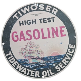 Vintage Ti-Woser High Test Gasoline Porcelain Sign - Tidewater Oil Service, 1930