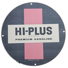 Vintage HI-PLUS Premium Gasoline Porcelain Sign - Classic Collectible from 1954