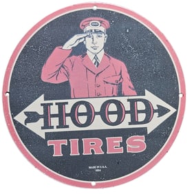 Vintage 1934 Hood Tires Porcelain Sign - Classic Automotive Memorabilia