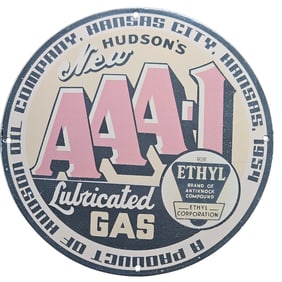 Vintage Hudson's AAA-1 Lubricated Gas Porcelain Sign - Ethyl Gasoline Advertising