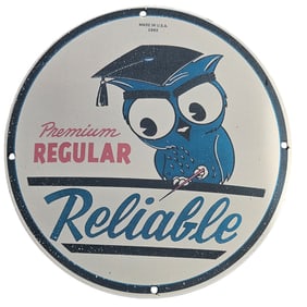 Vintage 1965 Porcelain Sign - Premium Regular Reliable with Owl Design