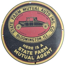 Vintage State Farm Mutual Auto Insurance Porcelain Sign - Bloomington, IL (1934)