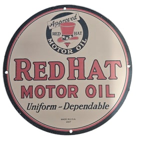 Vintage 1927 Red Hat Motor Oil Porcelain Sign - Approved & Dependable Quality