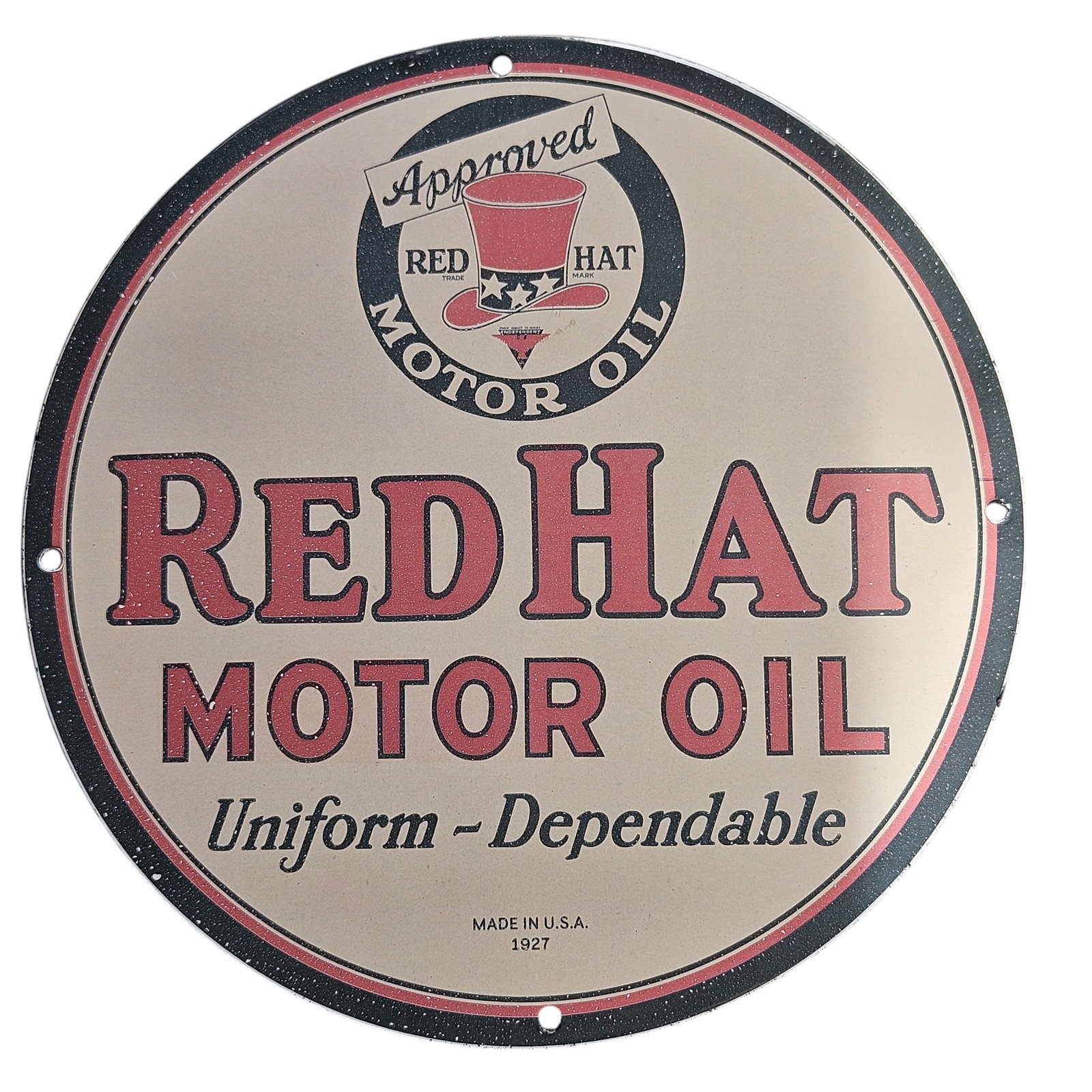 Vintage 1927 Red Hat Motor Oil Porcelain Sign - Approved & Dependable Quality: This vintage porcelain sign, crafted in 1927, is a striking piece showcasing the nostalgic charm of early automotive advertising. The Red Hat Motor Oil sign stands out as a testament to quality and re