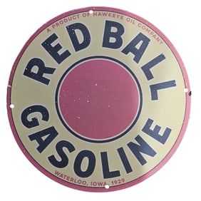 Vintage 1929 Red Ball Gasoline Porcelain Sign - Hawkeye Oil Company Collectible