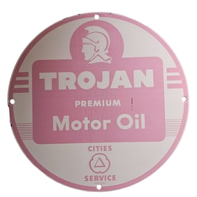 Vintage Trojan Premium Motor Oil Porcelain Sign - Iconic Cities Service Memorabilia