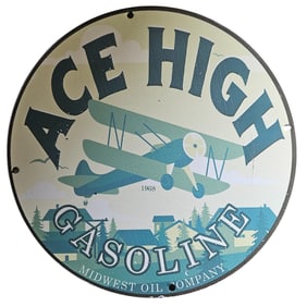 Vintage Ace High Gasoline Porcelain Sign - Midwest Oil Company - 1968 Aircraft Theme