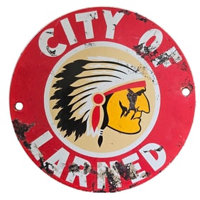 Vintage Porcelain Sign: City of Larned with Indian Chief Emblem - Rare Collectible