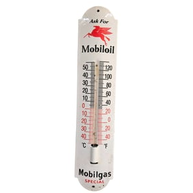 Vintage Mobilgas Mobil Oil Porcelain Thermometer Sign with Iconic Pegasus Design