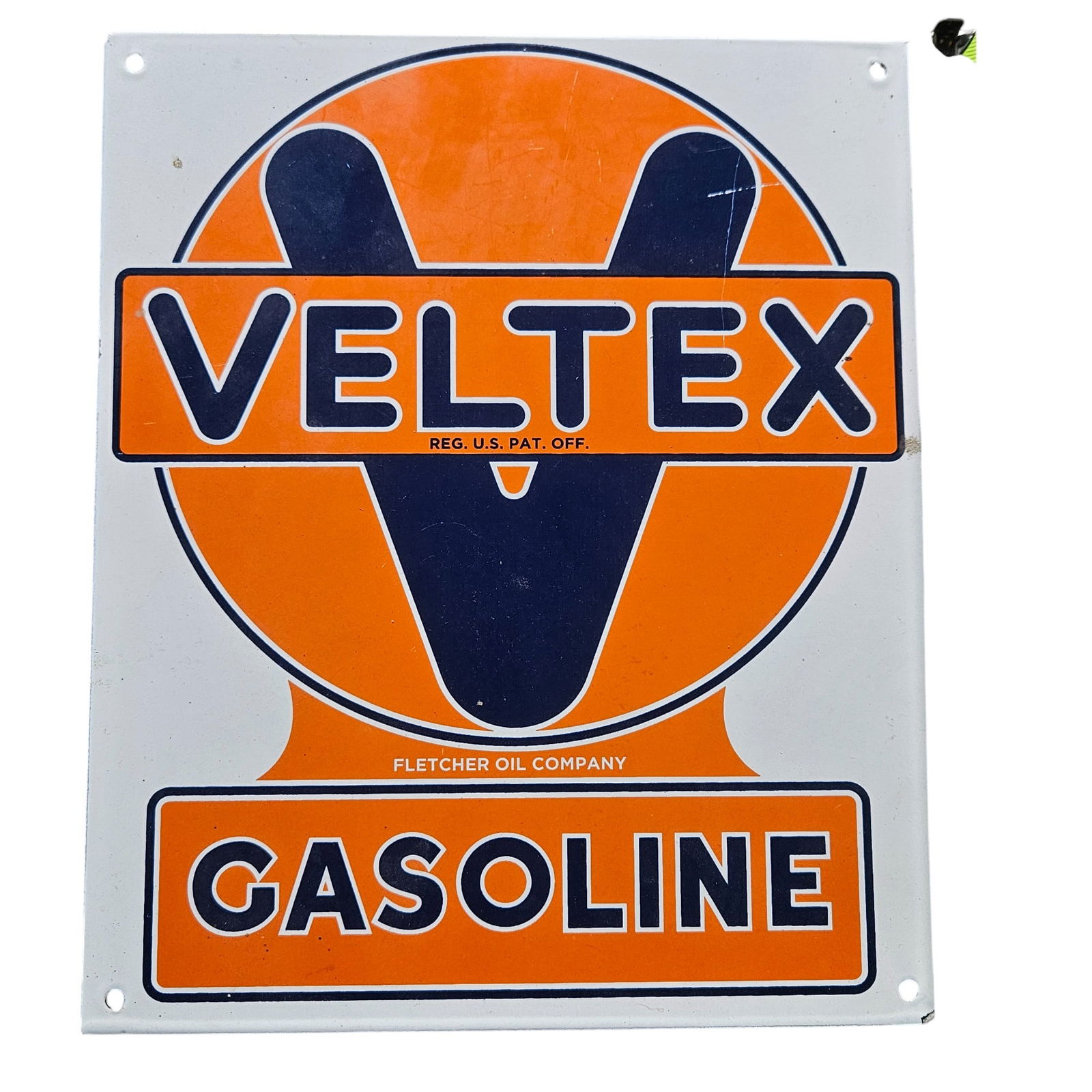 Vintage Veltex Gasoline Porcelain Sign - Fletcher Oil Company Advertising Collectible: Discover a stunning piece of Americana with this vintage Veltex gasoline porcelain sign, ideal for collectors and enthusiasts alike. Constructed with high-quality porcelain, this sign is a triumph of