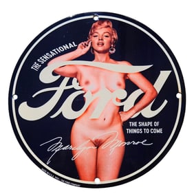 Rare Marilyn Monroe Ford Porcelain Sign – “The Shape of Things to Come” – Vintage Pin-Up
