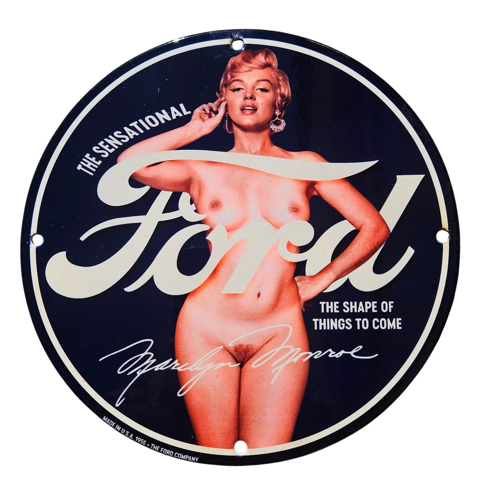 Rare Marilyn Monroe Ford Porcelain Sign – “The Shape of Things to Come” – Vintage Pin-Up (1 of 2)