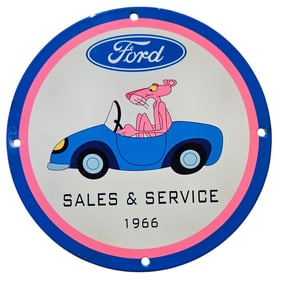 1966 Ford Sales & Service Porcelain Sign – Pink Panther Driving a Blue Coupe