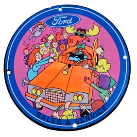 1969 Ford Sales & Service Sign – Bullwinkle Moose & Friends – Vibrant Porcelain Finish