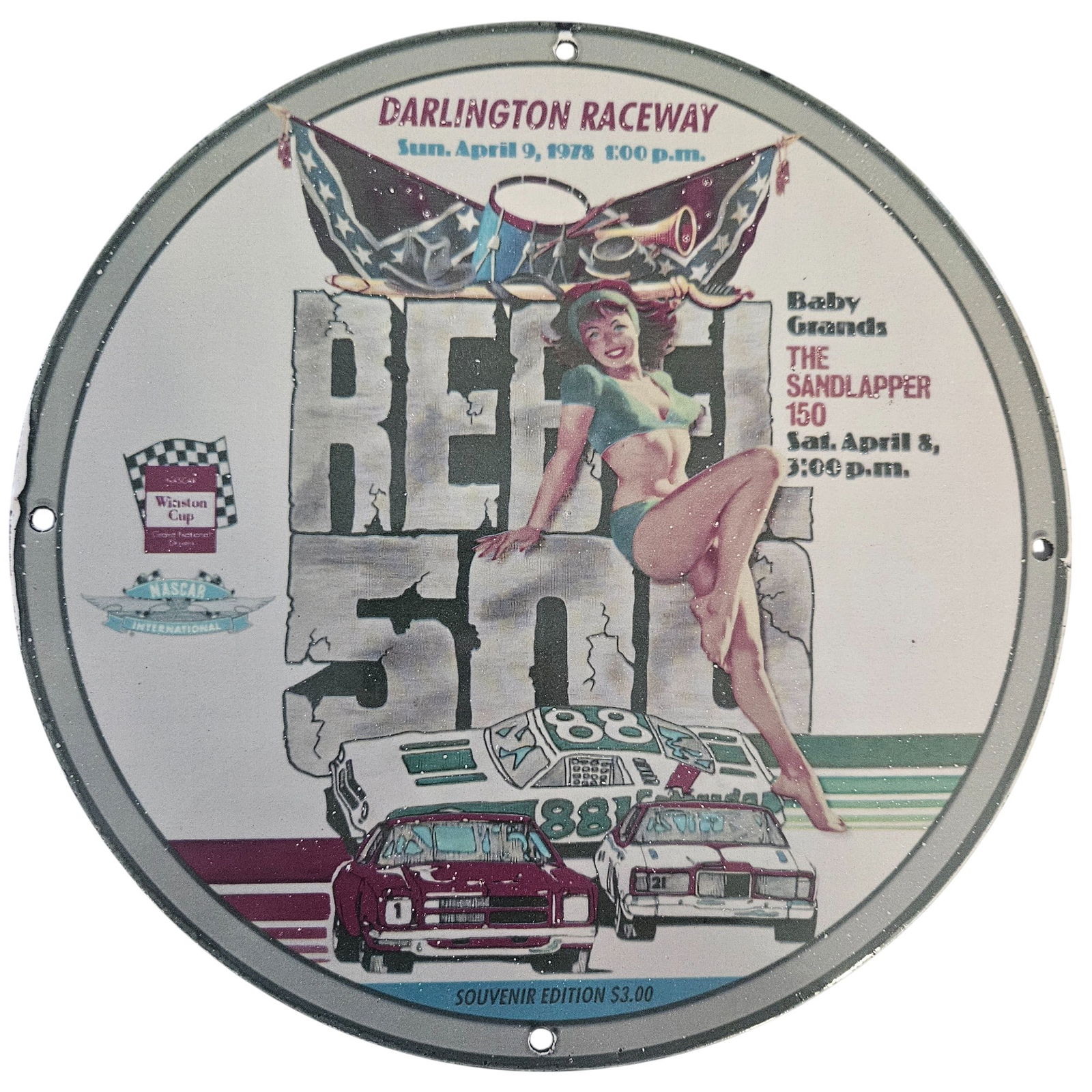 Vintage 1978 Rebel 500 Porcelain Sign - Rare Darlington Raceway Memorabilia