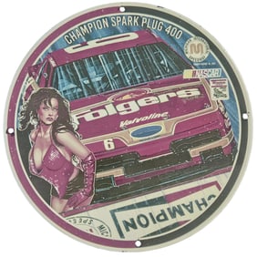 Vintage NASCAR Porcelain Sign - One of a Kind Folgers Champion Spark Plug 400 Art