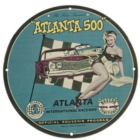Vintage 12" Atlanta 500 Porcelain Sign - Rare NASCAR Collectible for Gas & Oil Enthusiasts