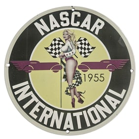 Vintage 1955 NASCAR International Porcelain Sign - Unique Gas & Oil Collectible
