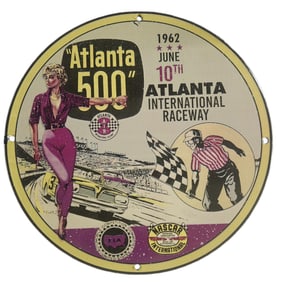 Rare Vintage 1962 Atlanta 500 Porcelain Sign - NASCAR Memorabilia for Collectors