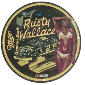 Vintage Rusty Wallace NASCAR Porcelain Sign: Unique 12" Gas & Oil Collectible