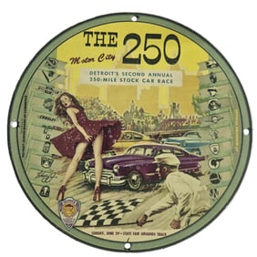 Vintage NASCAR Porcelain Sign - The Motor City 250: Unique Race Car Collectible