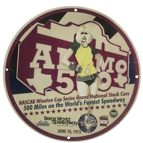 Vintage 1973 Alamo 500 NASCAR Porcelain Sign - Rare Collectible for Race Car Enthusiasts!