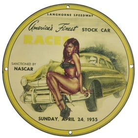 Vintage NASCAR Porcelain Sign - Langhorne Speedway 1955 - Unique Gas & Oil Collectible