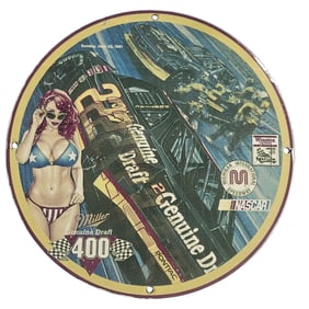 Vintage NASCAR Porcelain Sign: 1991 Genuine Draft, Unique Race Car Memorabilia